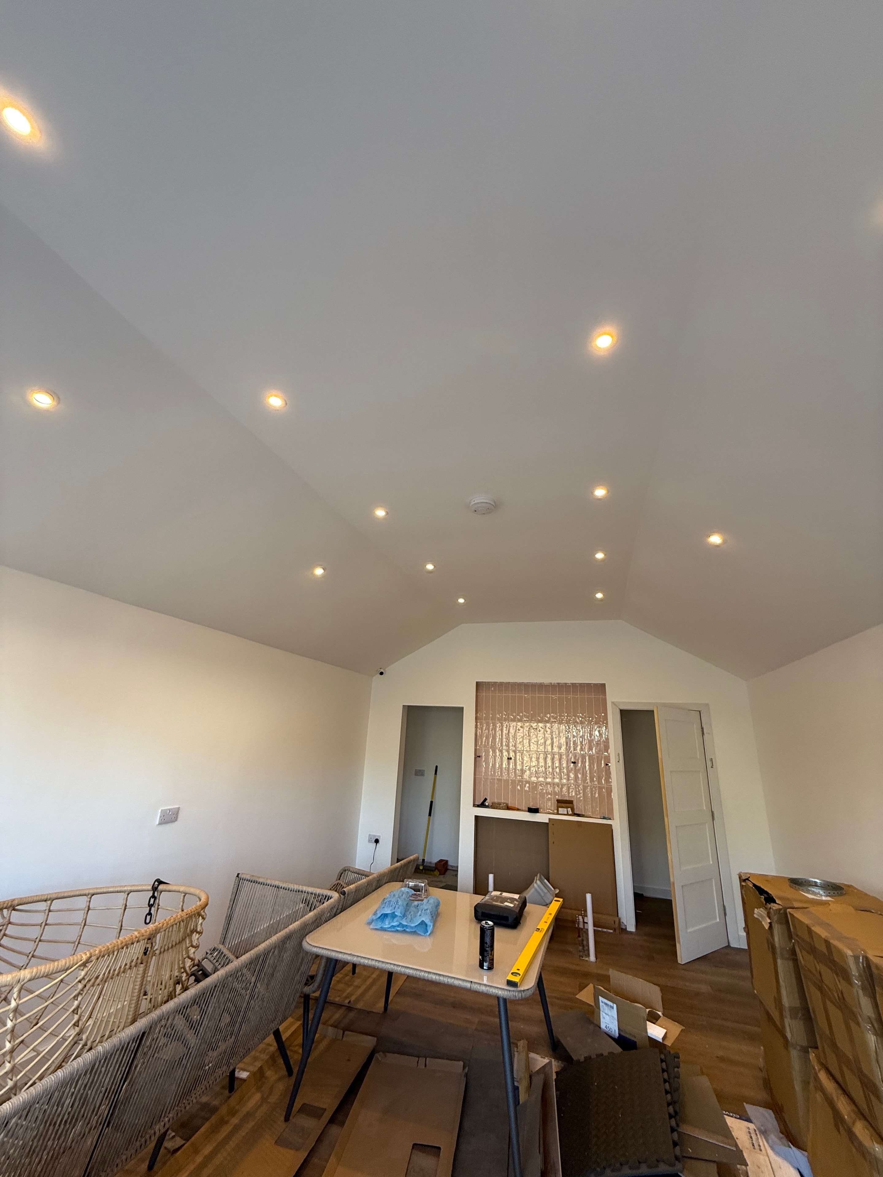 Kitchen extension with recessed downlights installed